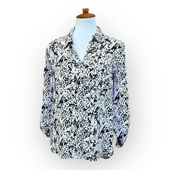 Diane Von Furstenberg Womens Black White Abstract Print 100% Silk Blouse Sz 2 - Picture 1 of 13